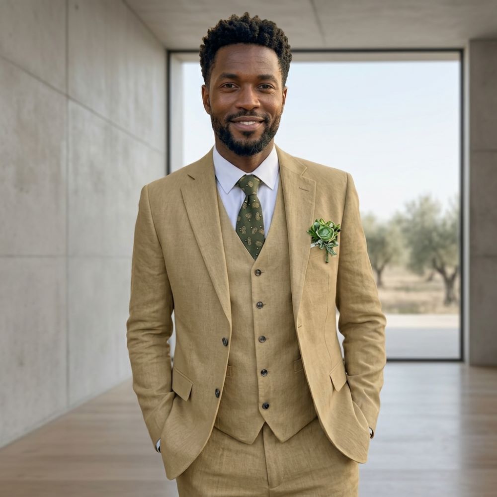 Linen Men Suits Notched Lapel  - Men Linen Formal Wear 评论和价格