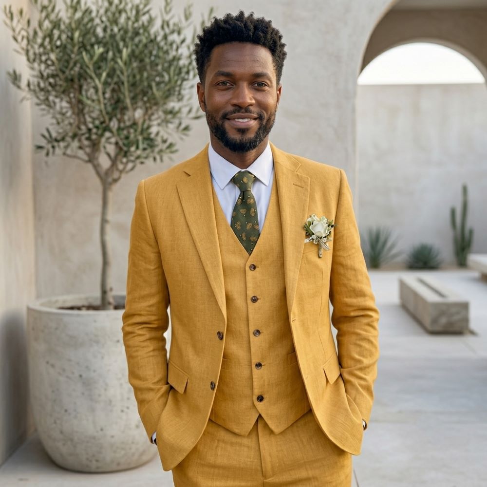 Linen Men Suits Notched Lapel  - Men Linen Formal Wear 评论和价格
