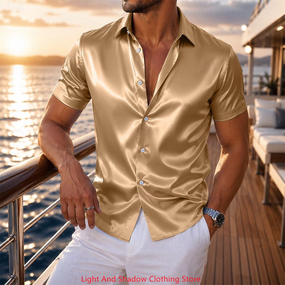 Men's Satin Short Sleeved Shir - Men Formal Wear Summer 评论和价格