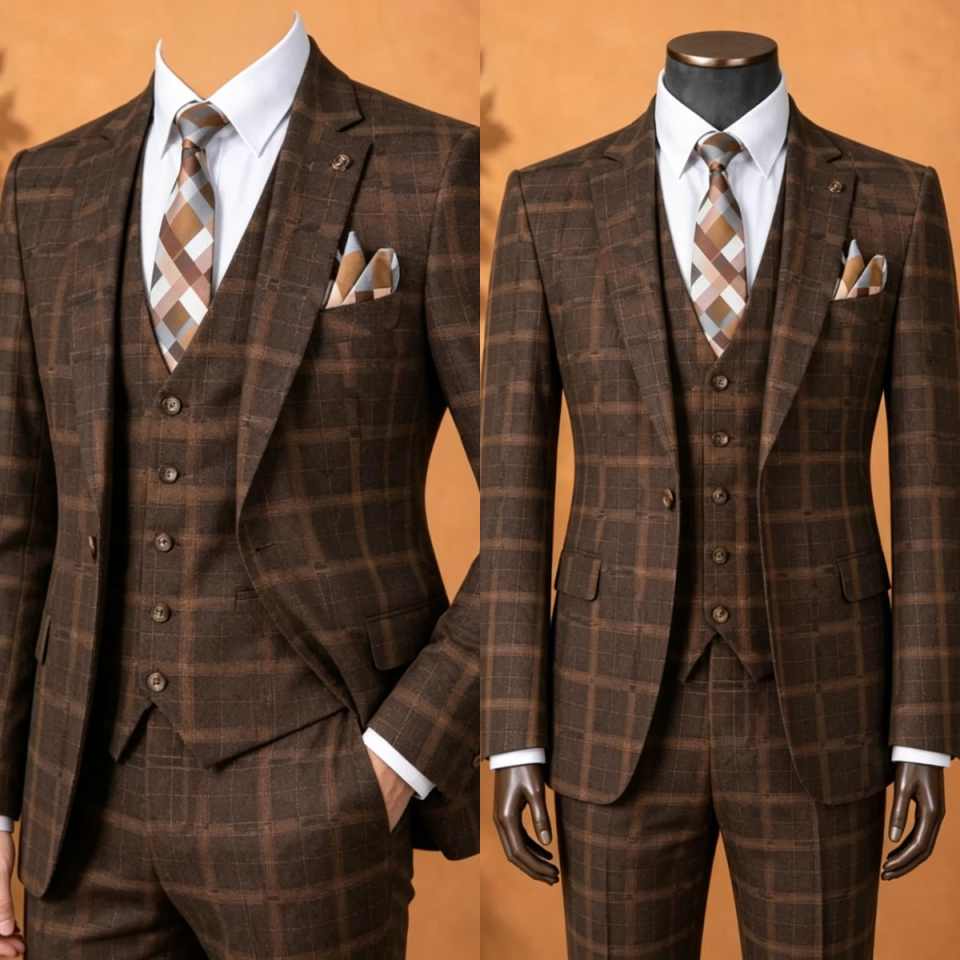 Elegant Brown Plaid Men 3 Piec - Men Formal Wear Brown 评论和价格